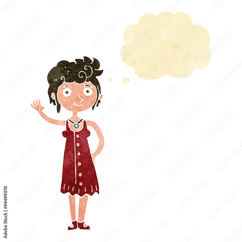 cartoon hippie woman waving with thought bubble cartoon hippie woman waving with thought bubble