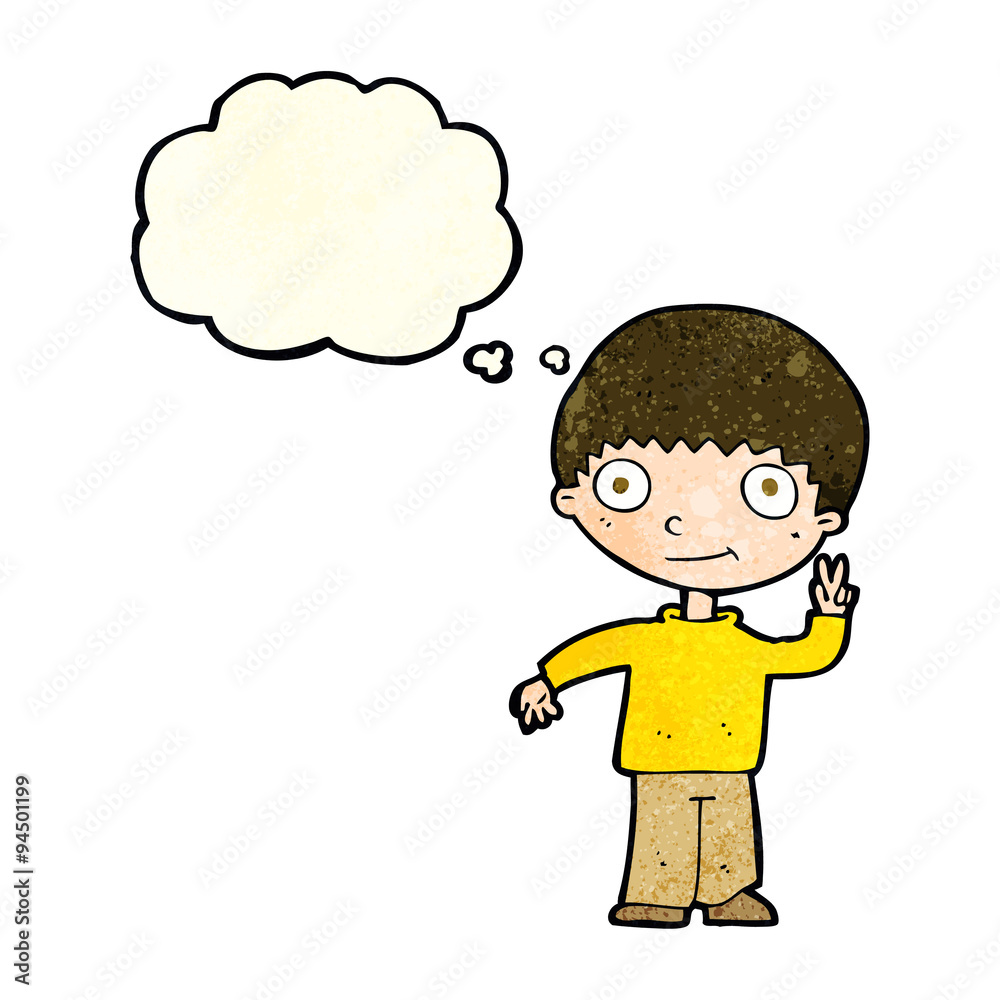 cartoon boy giving peace sign with thought bubble cartoon boy giving peace sign with thought bubble