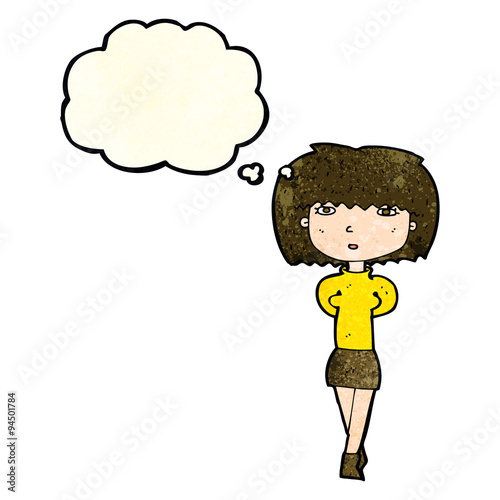 cartoon shy woman with thought bubble