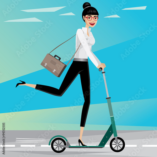 Business woman rides a scooter