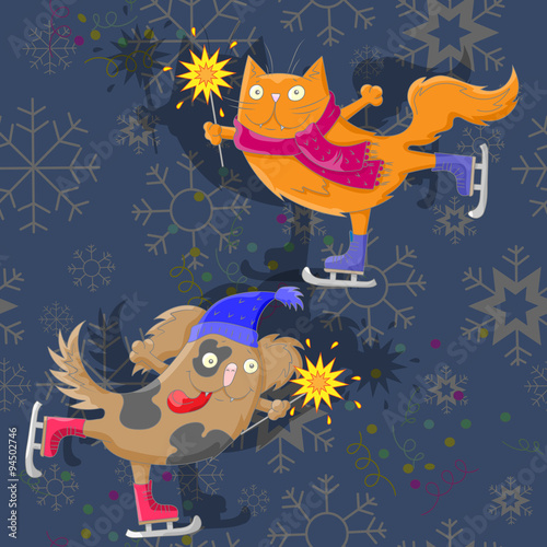 The cat and the dog with sparklers skate on abstract background with snowflakes