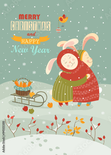 Cute rabbits celebrating Christmas