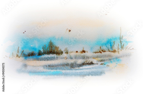 Watercolor sketch of winter landscape.