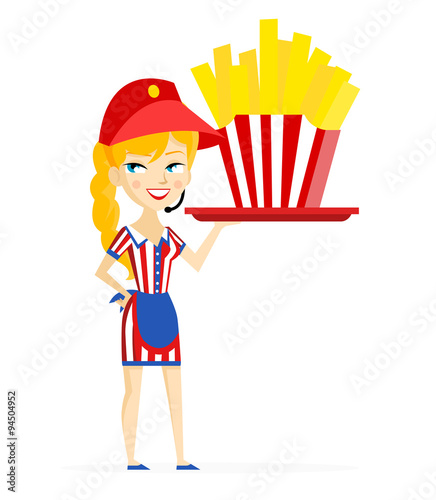 mujer repartiendo comida rápida papas fritas