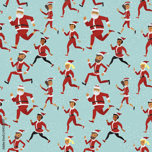 Santa fun run participants seamless vector pattern