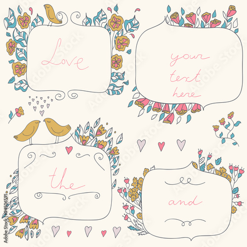 Vector romantic set of floral frames, with couple of birds and hearts in pastel colors.