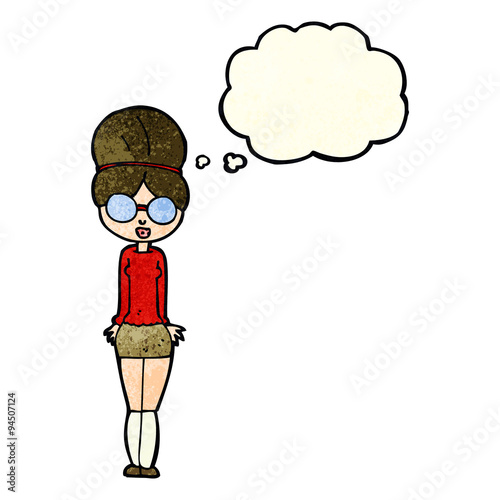 cartoon librarian woman with thought bubble