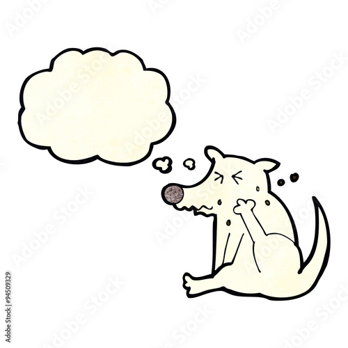 cartoon dog scratching with thought bubble