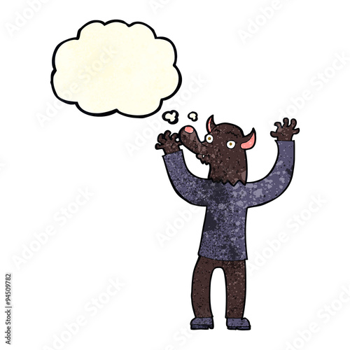 cartoon happy werewolf man with thought bubble