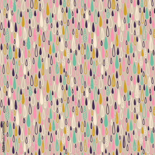 Cute seamless childish texture. Endless ornamental pattern with colored rain on a pastel background.