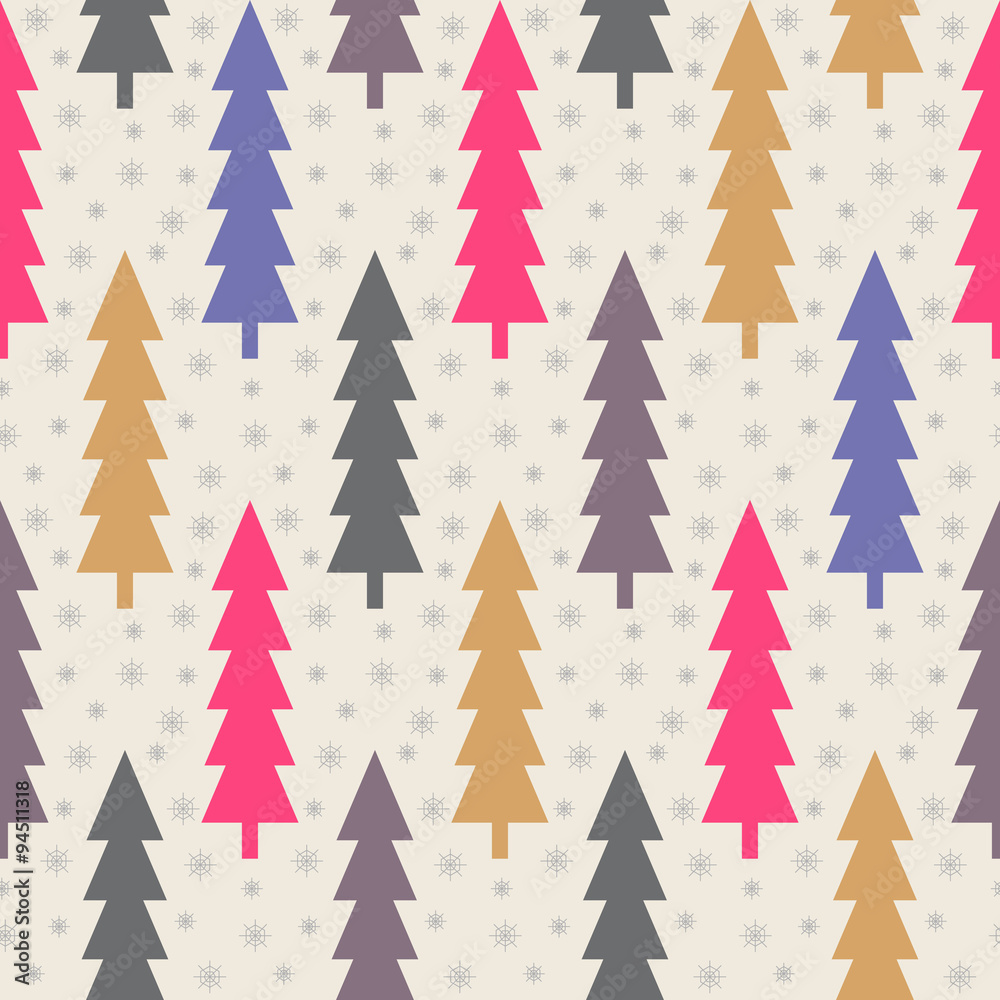 Christmas trees and snowflake seamless pattern. White backdrop. Retro colors. Winter concept. Vector illustration. Christmas trees and snowflake seamless pattern. White backdrop. Retro colors. Winter concept. Vector illustration.