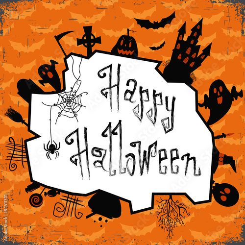 Happy halloween card. Design template  with pumpkin  bats  castle candy and other elements.