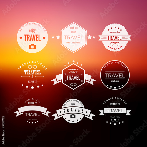 Set of travel signs on abstract  blurred background.