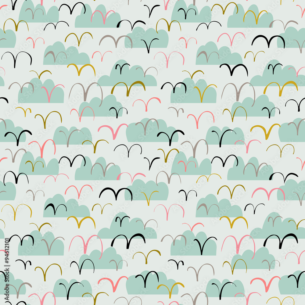 Cute seamless pattern with birds and clouds.