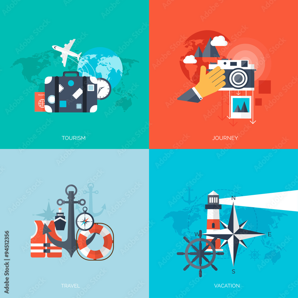 World travel concept backgrounds set.  Flat icons. Tourism
