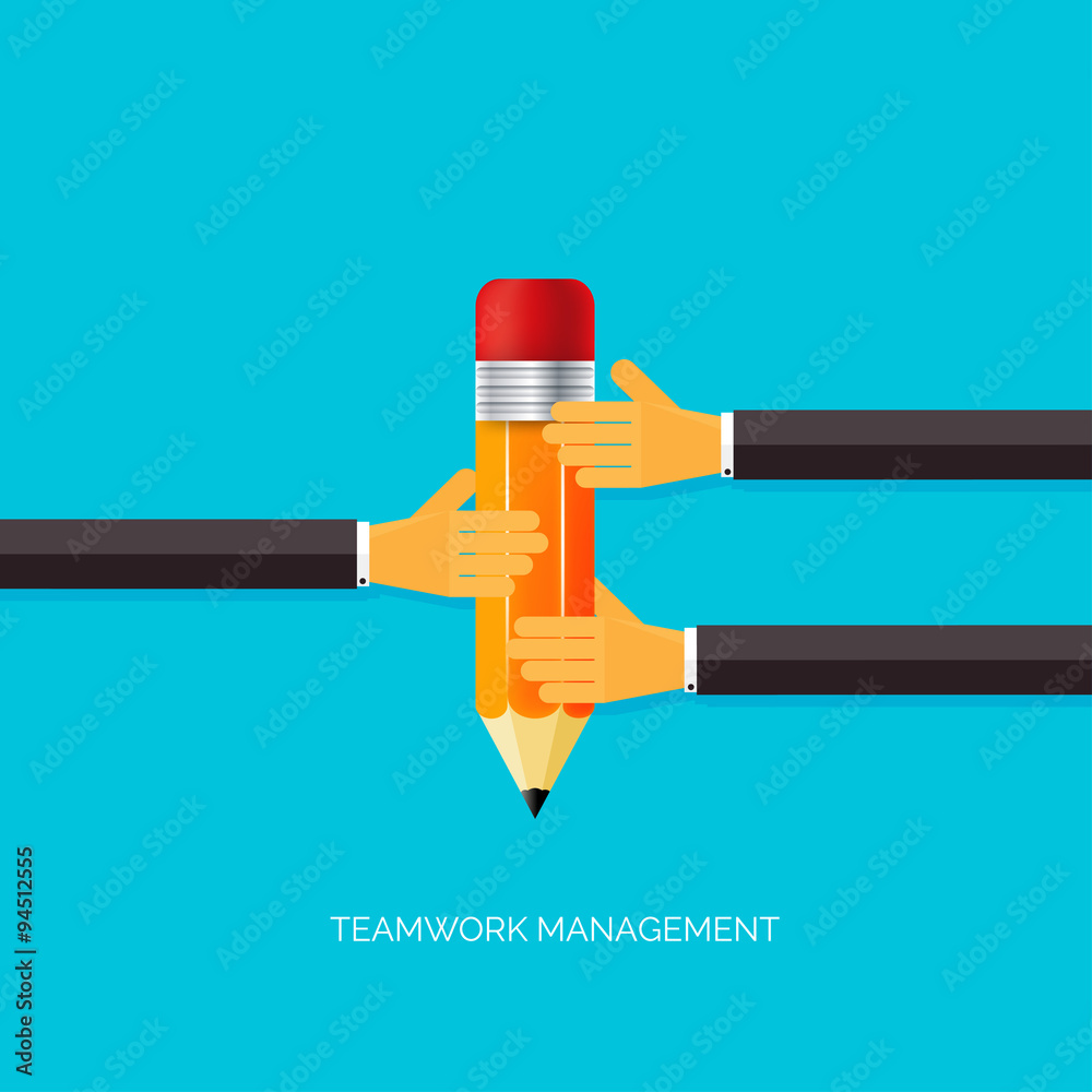 Flat pencil icon in hands. Teamwork management concept. Flat Flat pencil icon in hands. Teamwork management concept. Flat