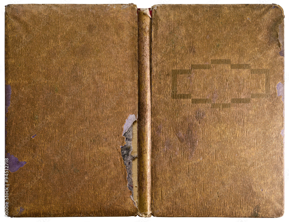 Naklejka premium Antique book or notebook - old used open brown paper cover with unusual golden frame in art deco style