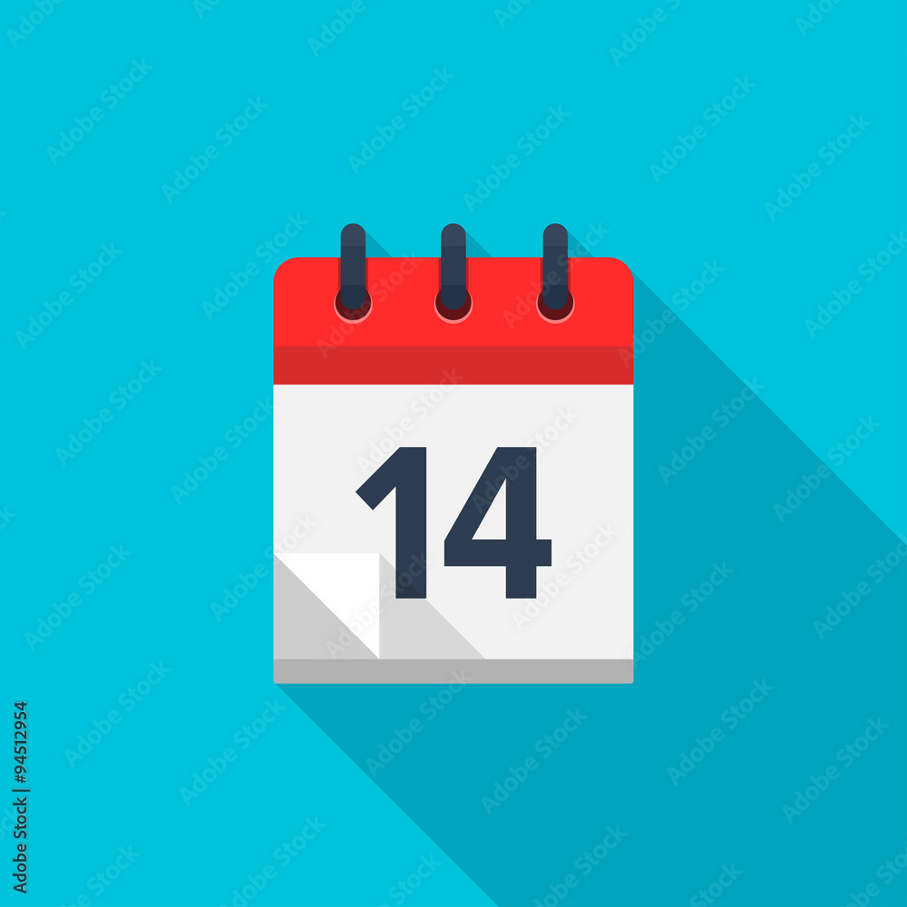 Flat calendar icon. Date and time background. Number 14 Flat calendar icon. Date and time background. Number 14