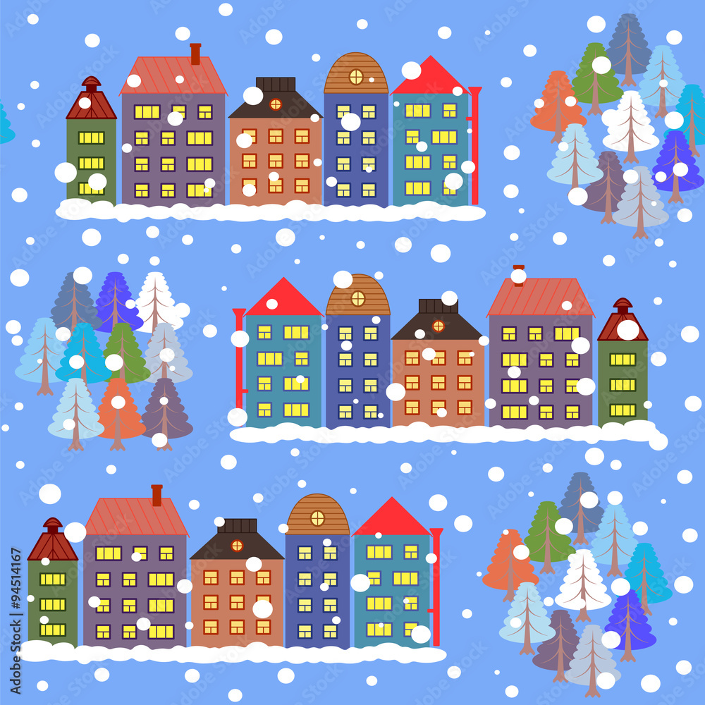seamless pattern on winter theme depicts houses, trees, snowflak