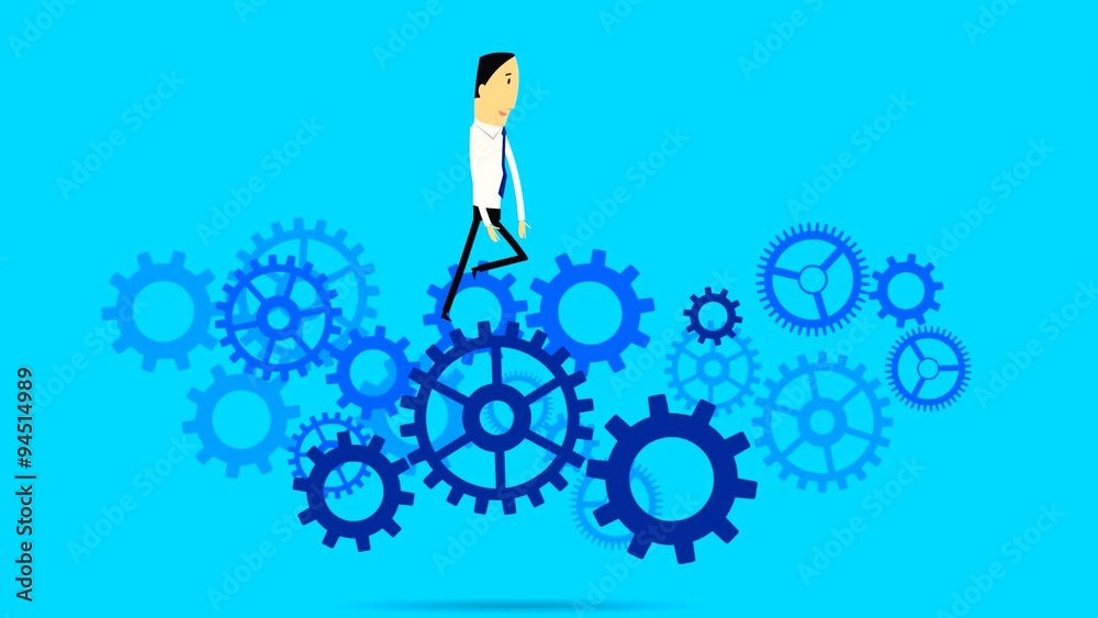 Flat vector animation of a businessman running on Gear wheels.