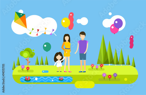 Happy family birthday holiday weekend summer time background with balloons