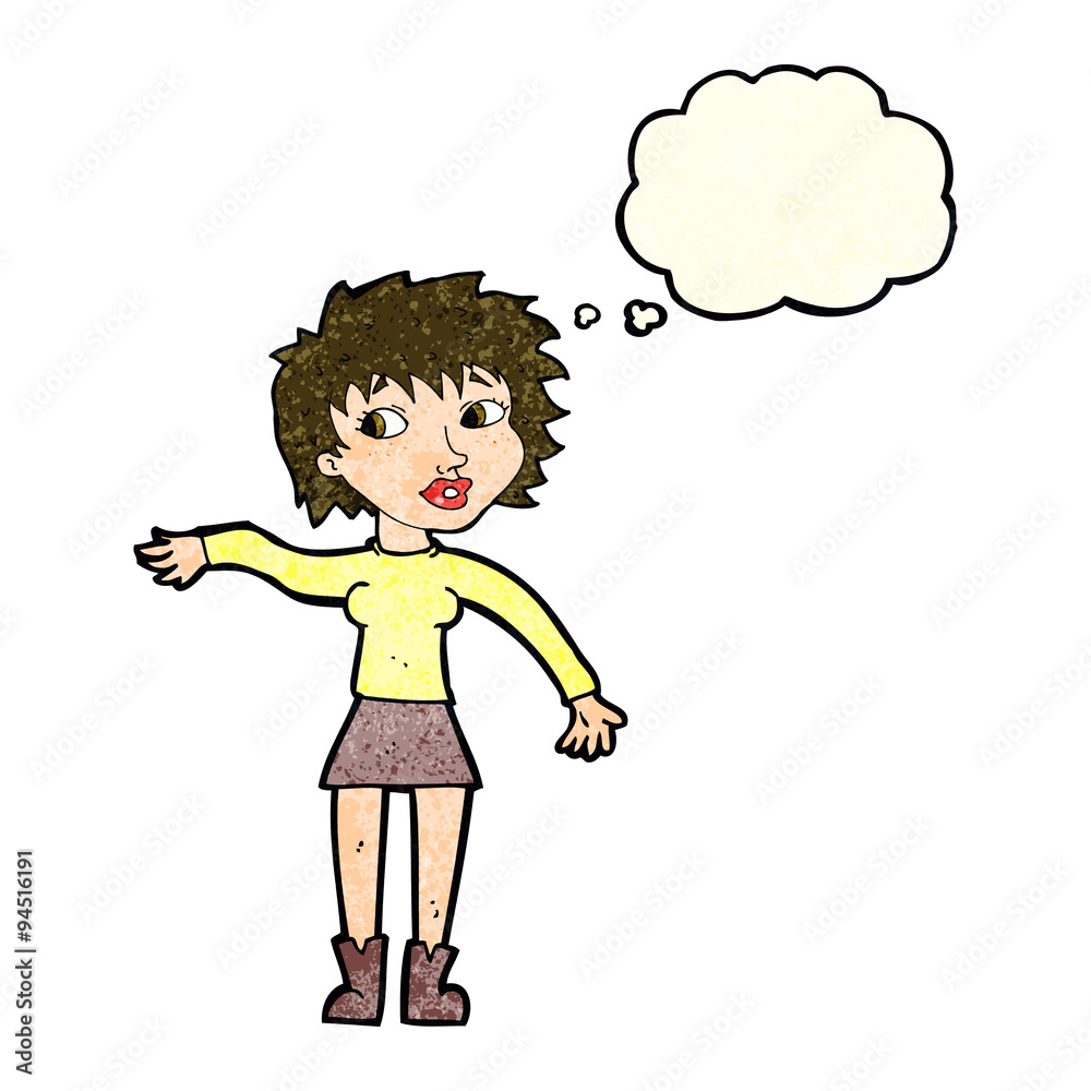 cartoon friendly woman waving with thought bubble cartoon friendly woman waving with thought bubble