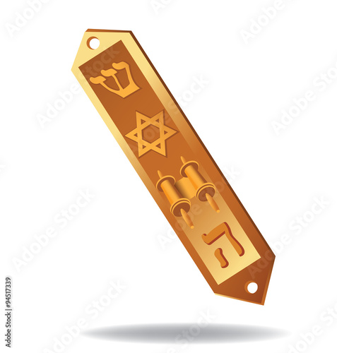 Golden Mezuzah case with hebrew letters and star of David.  Traditional Jewish religious item. EPS 10 vector illustration.