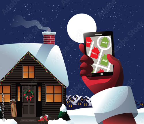Santa checks his GPS to see who's naughty or nice. Royalty free EPS 10 vector stock illustration for ad, promotion, poster, flier, blog, article, social media, marketing, greeting card