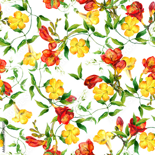 Yellow and red flowers pattern watercolor. Freesia  bindweed