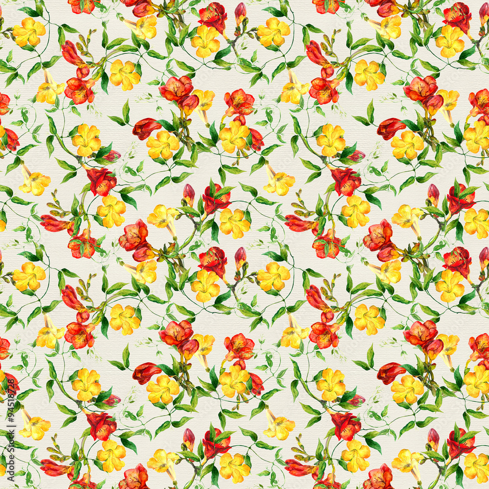 Yellow and red flowers pattern watercolor. Freesia, bindweed Yellow and red flowers pattern watercolor. Freesia, bindweed