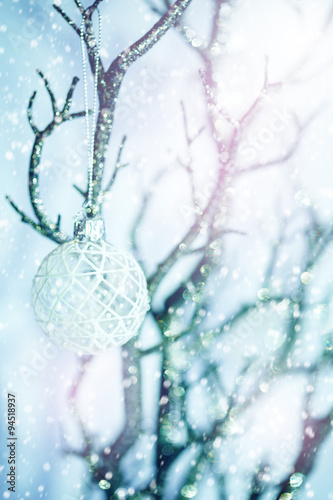 White Baubles on Silver Tree under Snow