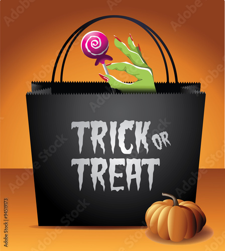 Trick or Treat Halloween bag royalty free stock illustration for greeting card, ad, promotion, poster, flier, blog, article, social media, marketing