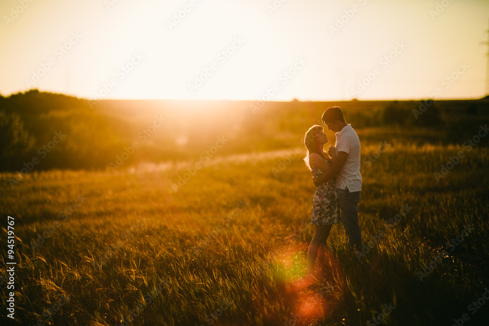 Romantic couple standing and kissing on background summer  field sunflower sunset