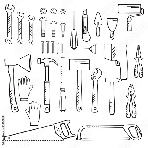 Tools for home repair. Vector illustration of Construction Equipment hand drawn sketches.