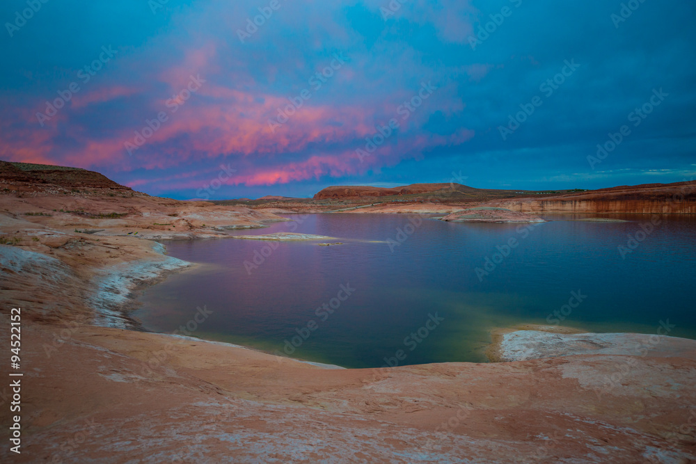 Pink Blue Sunset Sky over Bullfrog Marina Lake Powell Pink Blue Sunset Sky over Bullfrog Marina Lake Powell