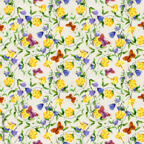 Yellow flower, bluebell, butterflies. Repeating floral pattern 