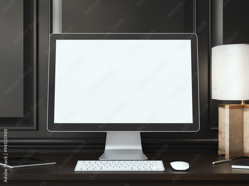 Blank white screen on the dark table. 3d rendering Blank white screen on the dark table. 3d rendering