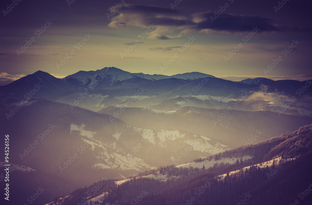 Landscape of amazing evening winter in mountains.