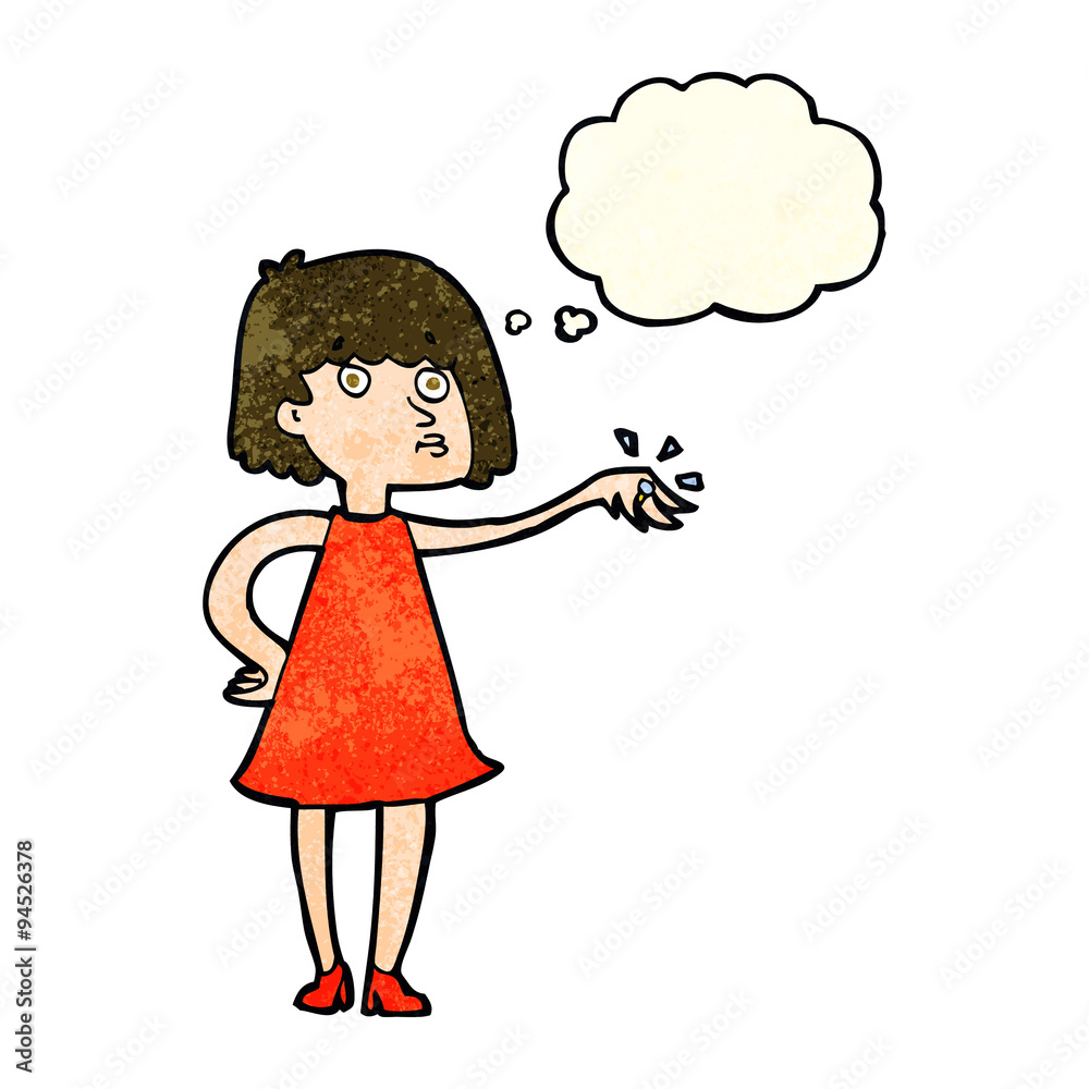 cartoon woman showing off engagement ring with thought bubble cartoon woman showing off engagement ring with thought bubble