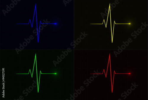 Colored vector pulse icons over cardiogram grid