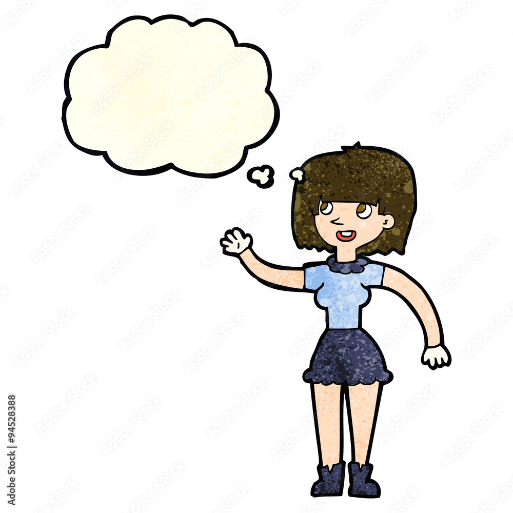 cartoon girl waving with thought bubble cartoon girl waving with thought bubble