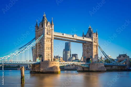 Tower bridge at sunrise with clear blue sky, London, UK