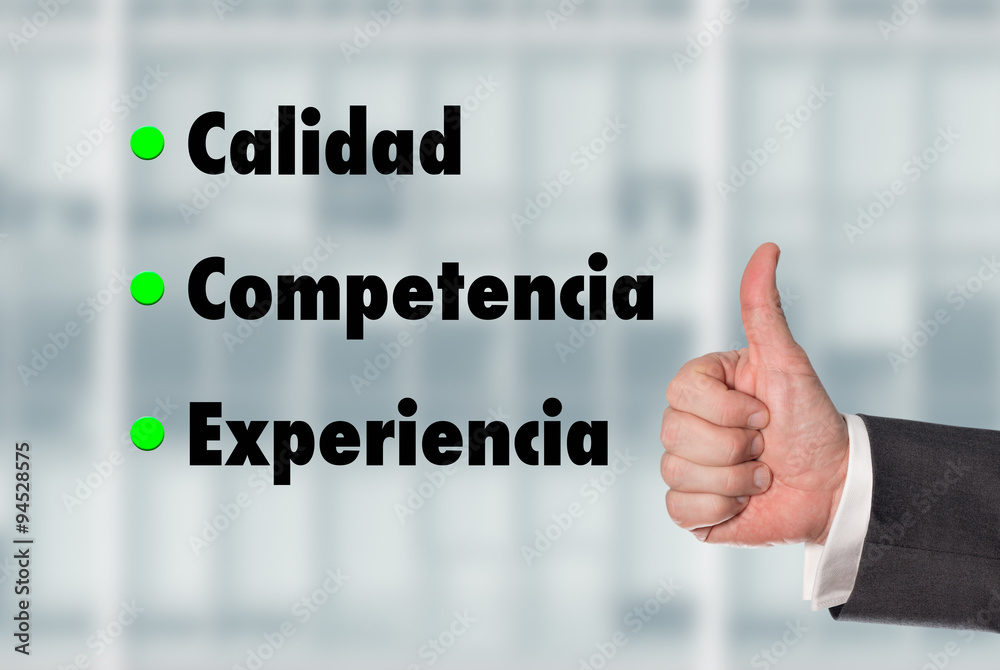 Naklejka premium Business man holding a thumb up, Quality-Competence-Experience
