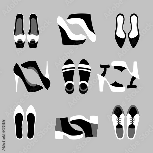 Set of monochrome trendy women's shoes. Vector illustration