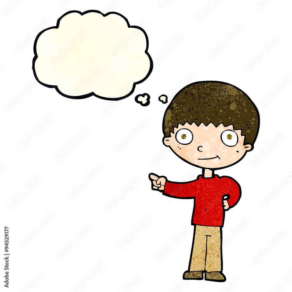 cartoon happy boy pointing with thought bubble cartoon happy boy pointing with thought bubble