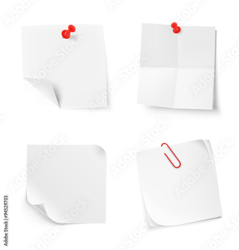 Set of white note papers on white background. Vector illustration.