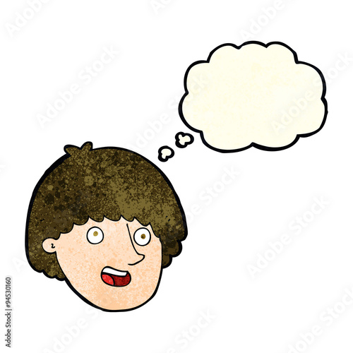 cartoon happy male face with thought bubble