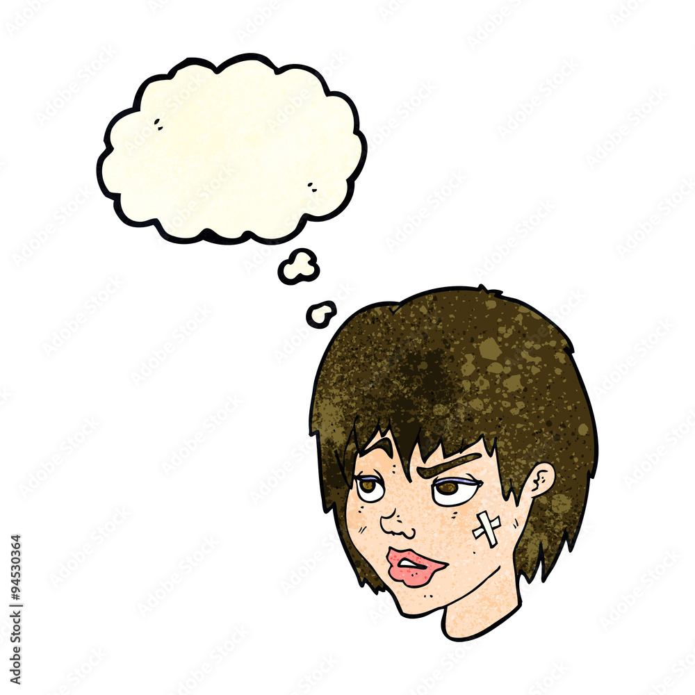 cartoon woman with plaster on face with thought bubble