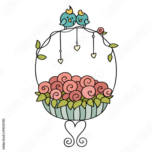 Сute cartoon birds sitting on basket of flowers. Little love birds on a bouquet of roses with hearts. Hand-drawn summer vector illustration isolated on white.