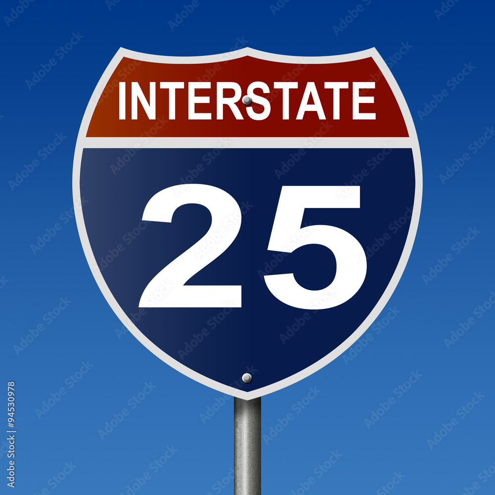 Sign for Interstate 25, part of the National Highway System, which travels from Wyoming to New Mexico Sign for Interstate 25, part of the National Highway System, which travels from Wyoming to New Mexico